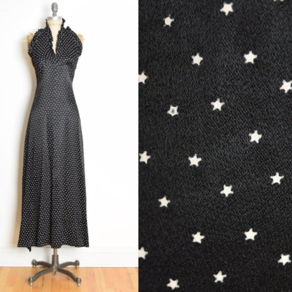 vintage 70s dress black satin STAR print ruffle long maxi prom party disco XS S - Picture 1 of 9